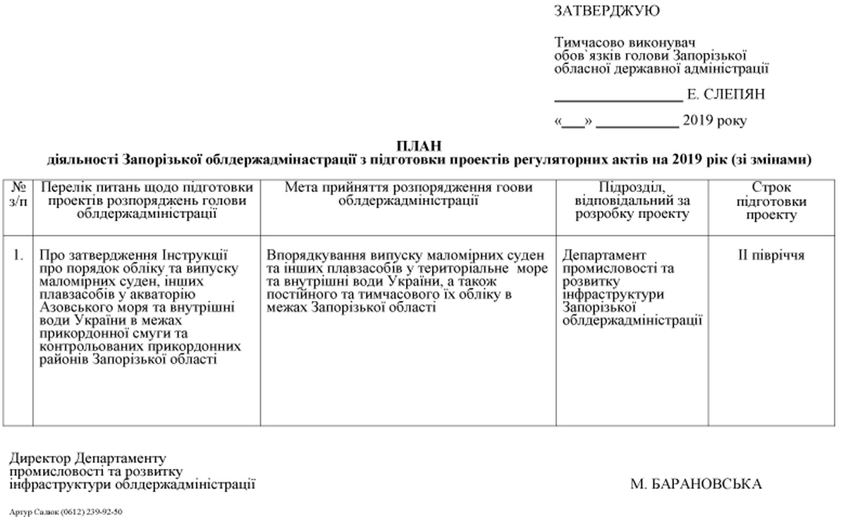 ПЛАН
	діяльності Запорізької облдержадмінастрації з підготовки проектів регуляторних актів на 2019 рік (зі змінами)